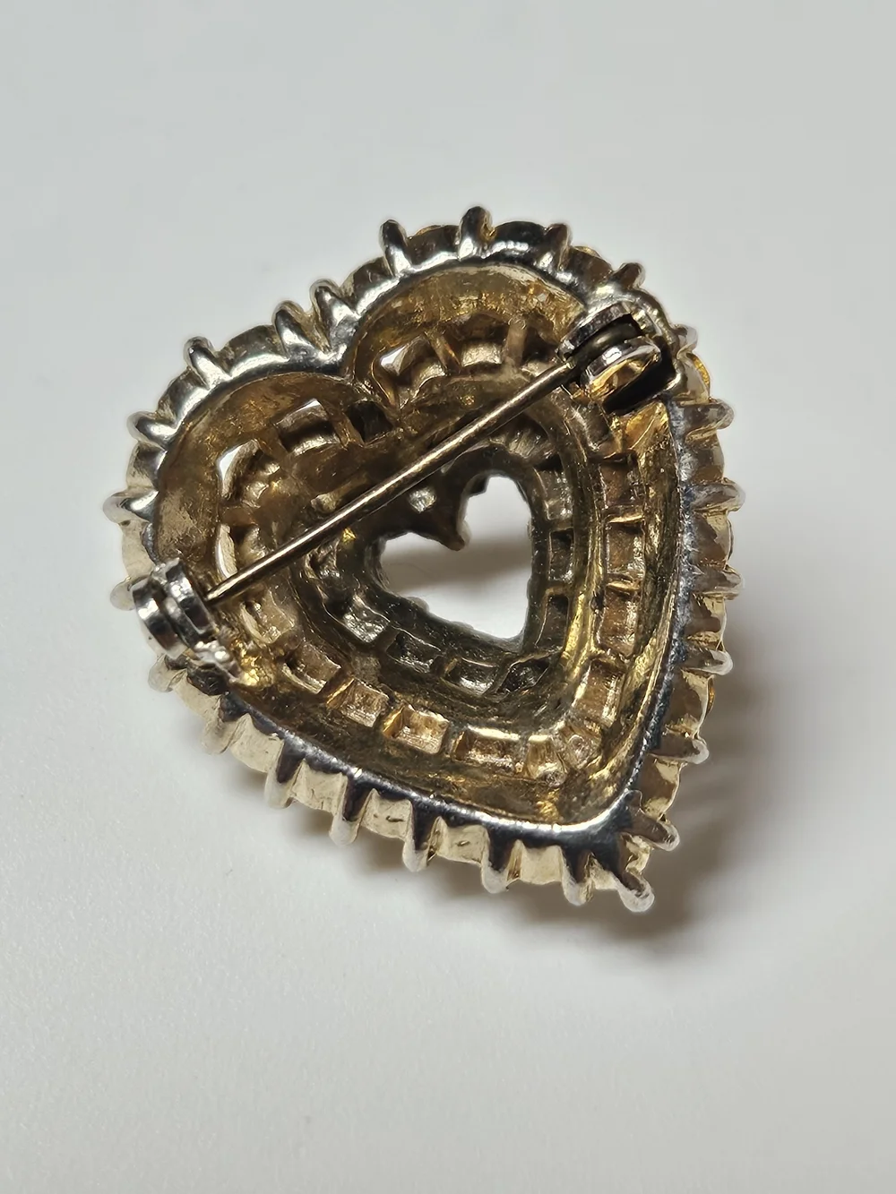 Gold Heart Brooch with Pearls and Clear Crystals